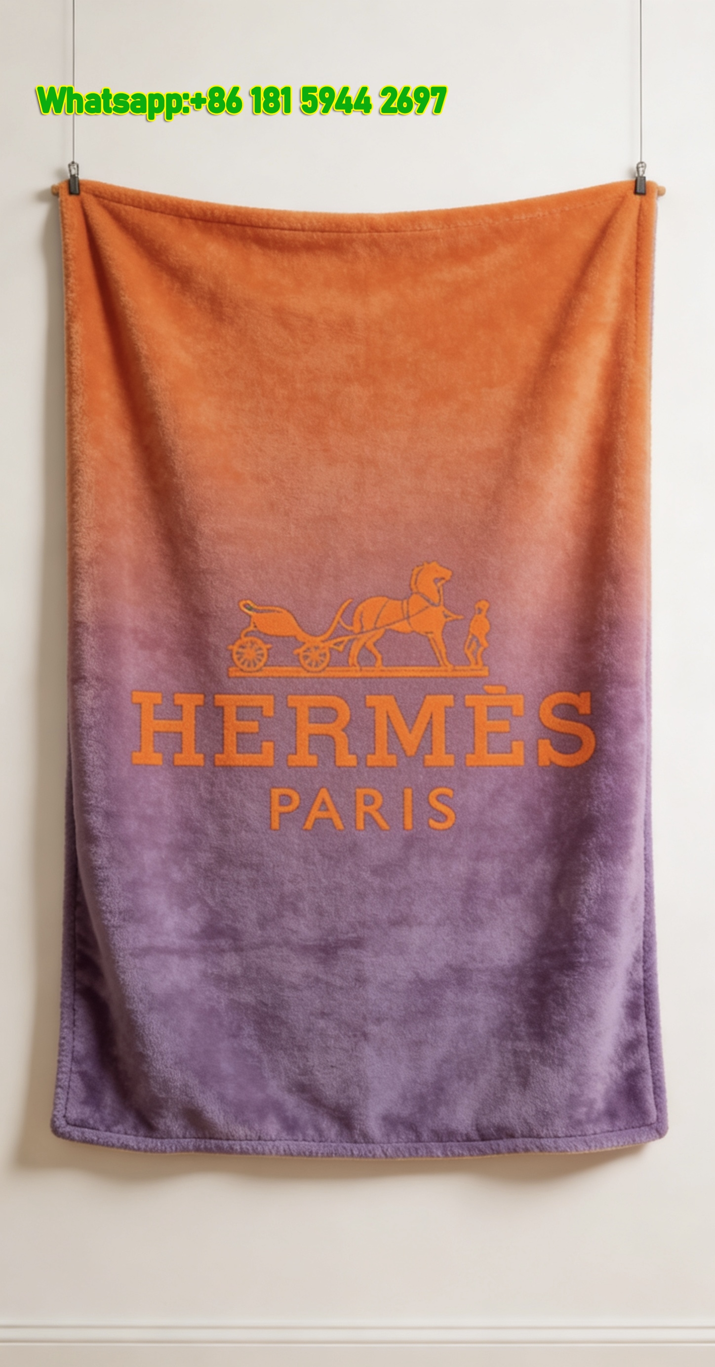 Hermes Gradient Orange-Grey Equestrian Carriage Flannel Throw Blanket IMG_5298